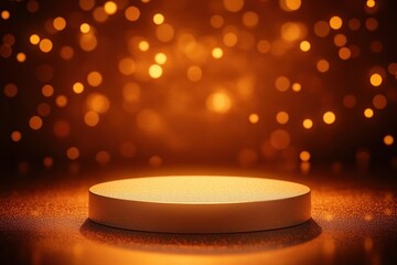 Empty round podium illuminated with warm golden light and glowing bokeh background creating festive and elegant atmosphere
