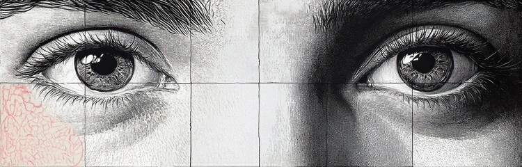 Close-up grayscale mural of two human eyes with detailed eyelashes and skin texture divided by faint lines on a tiled surface evoking introspection