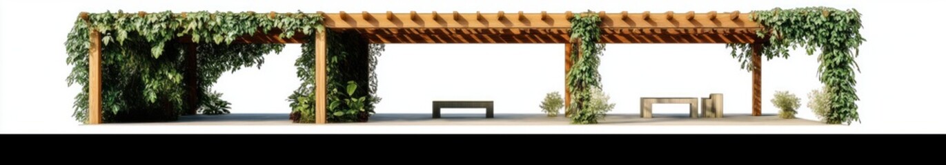 Wooden pergola structure with lush green climbing plants and small shrubs surrounding modern benches on a bright white background