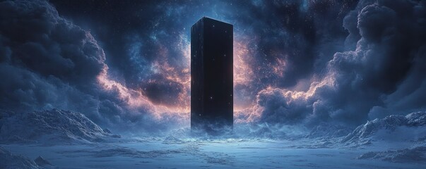 Tall dark monolith standing in a cold, snowy landscape under a dramatic, cloudy sky with faint stars and a glowing orange light behind it, creating a mysterious and eerie atmosphere