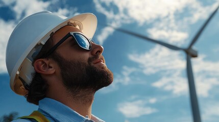 Man in a safety helmet and sunglasses looking up with a confidence against a cloudy sky and a large wind turbine in the background
