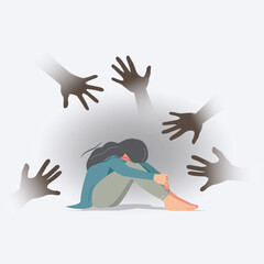 A flat vector illustration of a depressed woman sitting on the floor while shadowy hands reach toward her, symbolizing anxiety, pressure, fear, and mental health struggles