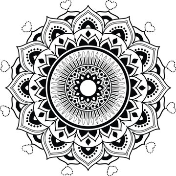 Dark mandala design with white accents and heart details