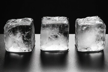 Obraz premium Three transparent ice cubes with rough textures and partial melting on a dark surface with a black background