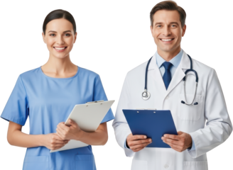 Smiling female nurse in blue scrubs holding a clipboard and male doctor in white coat with stethoscope holding a clipboard transparent background