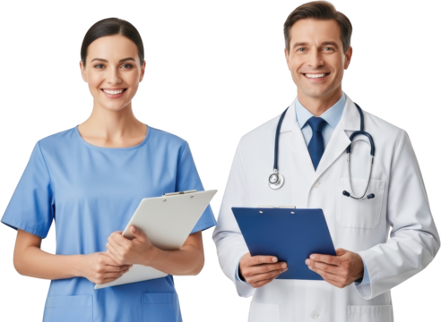 Smiling female nurse in blue scrubs holding a clipboard and male doctor in white coat with stethoscope holding a clipboard transparent background - Powered by Adobe
