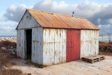 Naklejka premium old wooden shed with rusty corrugated metal roof and red door on a sandy, rocky ground under cloudy sky near coastline