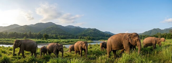 Elephant Family in Serene River Landscape