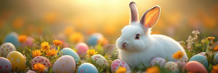 Cute white rabbit sitting among colorful decorated eggs and yellow flowers in soft warm sunlight