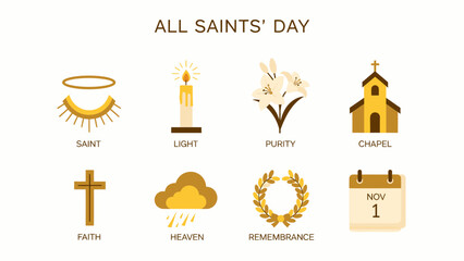 All Saints Day icons saint candle lilies chapel cross rain cloud wreath calendar date November 1