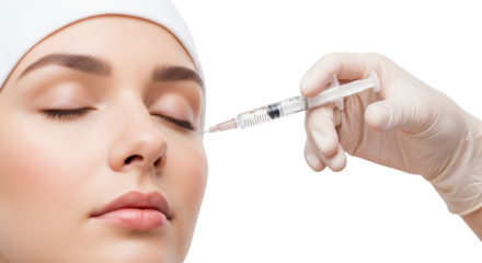 Close up of a person receiving a facial injection from a syringe administered by a gloved hand Face Medical transparent background