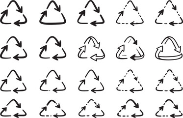Set of doodle handwriting recycle plastic symbol. Icon sign of pp, pet, hdpe, ldpe, pvc. Eco-friendly concepts design element. Spinning, rotating, circulation arrow vector line art black and white 