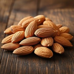Fototapeta premium Close-up of a pile of raw almonds on a wooden surface with warm lighting highlighting their texture