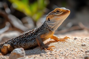 Obraz premium Close-up of a small lizard with textured skin resting on sandy ground with blurred natural background
