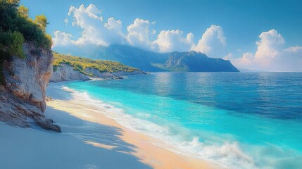 Sunny coastal beach with clear turquoise water, white sand, rocky cliffs, lush greenery, and distant mountains under a blue sky with fluffy white clouds