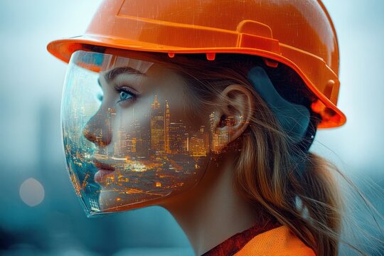 profile of a woman wearing an orange safety helmet and transparent face shield with a city skyline reflection, conveying focus and determination