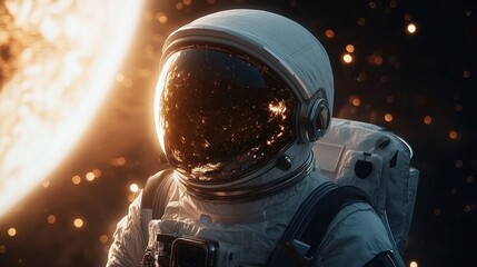 Astronaut in full suit floating in space with sun glowing brightly in the background and reflected in the helmet visor