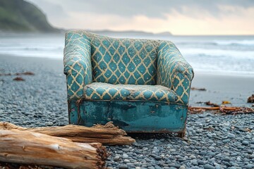 Worn turquoise armchair with patterned fabric sitting abandoned on a rocky beach shore with driftwood and ocean waves in background under cloudy sky