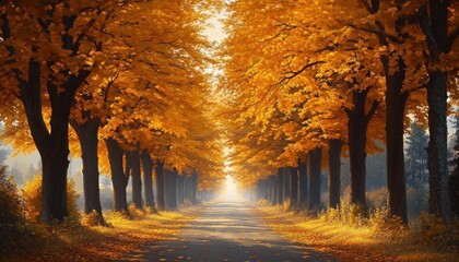 Sunlit pathway lined with tall trees displaying vibrant golden yellow autumn foliage creating a peaceful and warm atmosphere