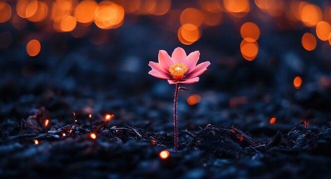 Single pink flower blooming brightly amidst dark, burnt ground with glowing embers and warm orange bokeh lights in the background, symbolizing hope and resilience