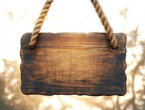 Rustic wooden sign with rope hanger suspended against a blurred natural light background conveying a warm and inviting mood