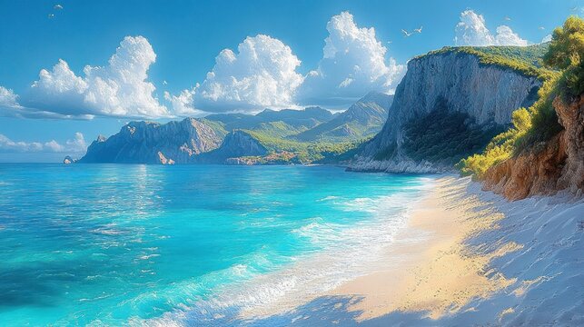 Serene tropical beach with turquoise water, sandy shore, tall cliffs, distant mountains, fluffy clouds and bright sunny sky creating peaceful atmosphere - Powered by Adobe