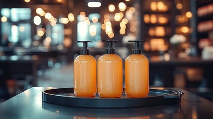Three amber glass pump bottles arranged on a round black tray in a softly lit indoor setting with blurred warm bokeh lights in the background