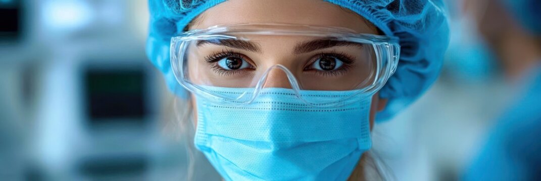 Close-up of a focused healthcare professional wearing protective goggles, a blue surgical mask, and a blue hair cover in a medical environment