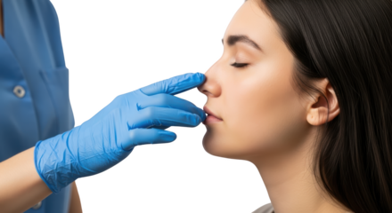 Close up profile of a young woman's face as a gloved hand touches her nose isolate medical examination