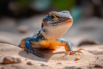 Obraz premium Close-up of a small lizard resting on sandy ground with sharp claws, detailed textured skin, and alert expression under natural light