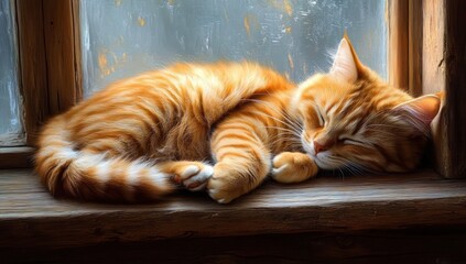 ginger tabby cat peacefully sleeping curled up on a wooden window sill with soft natural light through frosted glass