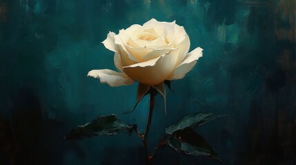 Close-up of a single blooming white rose with detailed petals and dark green leaves against a textured deep teal background conveying elegance and tranquility
