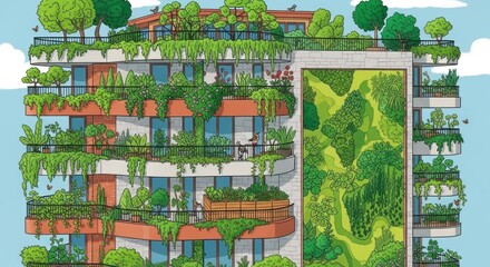 Fototapeta premium A vibrant, green, urban jungle with a mix of greenery and architectural structures, featuring balconies, trees, and a mix of green and brown tones.