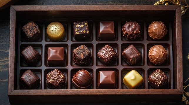 Assorted gourmet chocolates in a wooden box featuring various shapes and decorative toppings, evoking a luxurious and indulgent feeling - Powered by Adobe