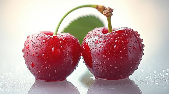 Close-up of two fresh red cherries with water droplets and green leaf on a smooth reflective surface, evoking freshness and natural beauty