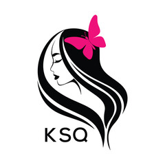 KSQ Elegant Woman Hair Logo with Butterfly. KSQ Beauty Salon, Hairdresser & Feminine Brand Identity KSQ Modern Beauty Design.
