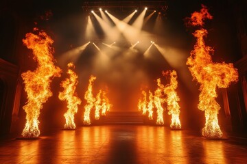 Symmetrical arrangement of tall, intense flames rising on a stage under dramatic spotlights with smoky, dark background creating a powerful, fiery atmosphere
