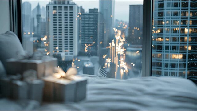 Gift boxes elegantly wrapped with ribbons rest on a bed, set against a background of a city skyline at dusk. The soft city lights create a bokeh effect. Video made using Generative AI.