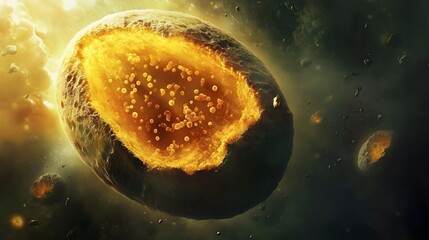 Glowing molten asteroid core with internal particles floats through dark space surrounded by cosmic debris under bright light