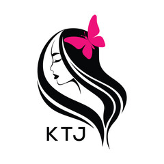 KTJ Elegant Woman Hair Logo with Butterfly. KTJ Beauty Salon, Hairdresser & Feminine Brand Identity KTJ Modern Beauty Design.
