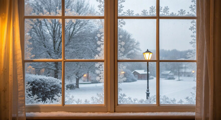 Naklejka premium View through a frosted window on a snowy winter evening, with a lamp post illuminating the snow-covered landscape