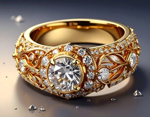 Close-up of a glamorous gold ring adorned with brilliant diamonds