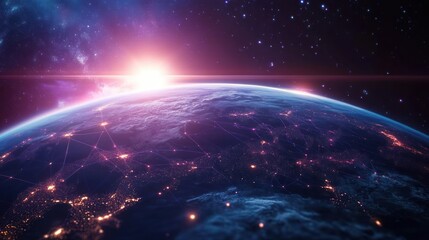 Fototapeta premium Sunrise over Earth with illuminated network connections highlighting global cities under a starry space sky