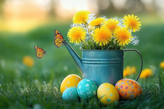 Fototapeta vibrant yellow dandelions in a rustic blue watering can surrounded by colorful decorated eggs and two monarch butterflies in a green grassy field with soft warm light