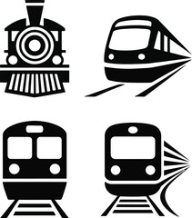 Train transport and locomotive line icon set. Rail vehicle, subway, classic steam engine, and track road vector symbols. © MUKTARANI