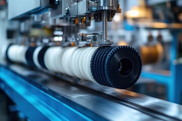 Fototapeta premium Close-up view of a sophisticated manufacturing machine assembling a black rubber tire among multiple white tire components on a production line in a factory setting