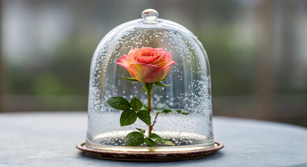 Delicate pink and yellow rose, sparkling with water, beautifully preserved under a clear glass bell jar. A captivating close-up against a soft, dreamy bokeh