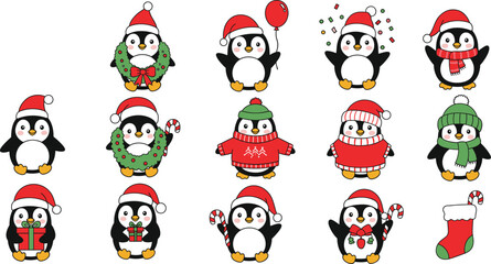 Cute Christmas penguin collection featuring festive outfits, gifts, wreaths, candy canes, and holiday accessories for winter illustrations