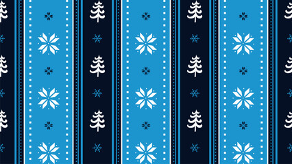 Striped Christmas Seamless Pattern with Fir Trees, Flowers. Christmas Background with Winter Elements. Merry Christmas and Happy New Year Design. Vector illustration in Blue, White
