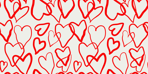 Cute romantic red love heart seamless pattern background print. Valentine's Day holiday illustration background texture, romantic wedding design.